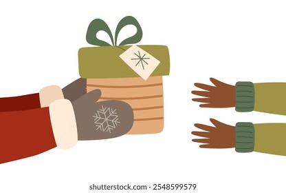 Sustainable Christmas concept. Santa gives a Christmas gift to child. Christmas clipart. Greeting concept.