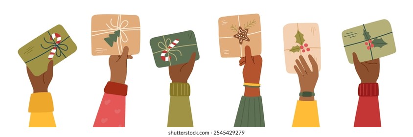 Sustainable Christmas concept. Set of human hands holding a Christmas gifts isolated on white. Christmas clipart.