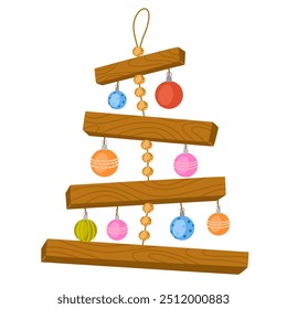 Sustainable Christmas. Handmade eco Christmas tree made of wooden planks on a rope hanging on the wall. Organic decorations. Zero waste plastic free concept. Ecological holiday. Ecofriendly decor