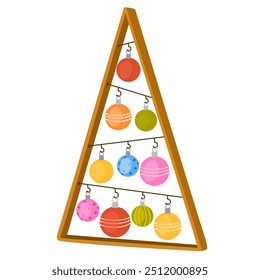 Sustainable Christmas. Handmade eco Christmas tree made of wooden planks on a rope hanging on the wall. Organic decorations. Zero waste plastic free concept. Ecological holiday. Ecofriendly decor