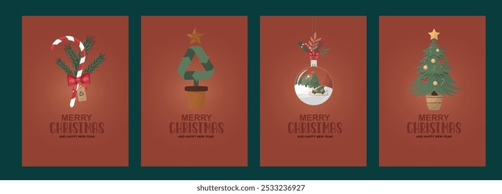 Conjunto de póster de Navidad sostenible. Iconos de Navidades ecológicas sobre fondo marrón. Conjunto de ilustración de feliz año nuevo verde. Conjunto de póster de feliz Navidad ecológico.