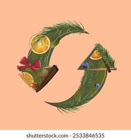 Sustainable Christmas recycling sign. Handmade ecological symbol. Eco-friendly new year celebration. Green holiday concept. Alternative eco xmas. Zero waste. Vector illustration on a beige background