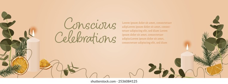 Sustainable Christmas. Seasonal background with ecological slogan. Eco-friendly new year celebration. Green holiday concept. Alternative eco xmas. Zero waste. Editable vector illustration