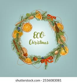 Sustainable Christmas. Seasonal handmade garland with ecological slogan. Eco-friendly new year celebration. Green holiday concept. Alternative eco xmas. Zero waste. Editable vector illustration