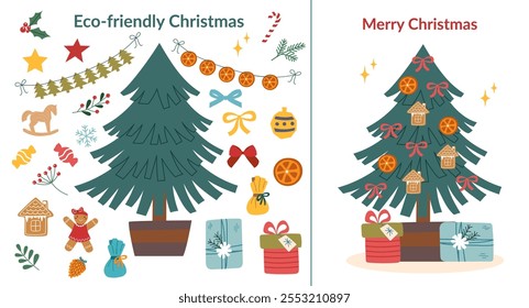 Sustainable Christmas tree decorations set for holiday greeting card. Ecological Christmas. Christmas tree and Christmas ornaments.