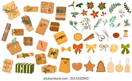 Sustainable Christmas. Zero waste, eco-friendly packaging gifts. Wrapping present boxes with kraft paper, pine branches, twine ribbon, wood toys, dry orange. Christmas box creator. Vector illustration