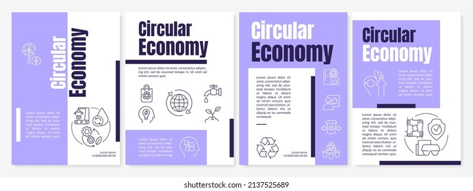 Sustainable circular economy purple brochure template. Waste management. Leaflet design with linear icons. 4 vector layouts for presentation, annual reports. Anton, Lato-Regular fonts used