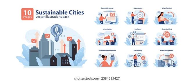 Sustainable Cities set. Modern urban solutions and green innovations. Renewable energy, urban farming, and waste management initiatives. Eco friendly practices and urban resilience. Flat vector