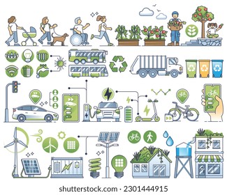 Sustainable city community and green lifestyle living outline collection set. Elements with ecological awareness, alternative electricity sources, waste management for recycling vector illustration.