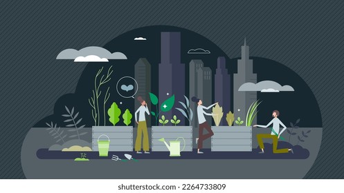 Sustainable city gardening and urban plant growing tiny person concept. Green, environmental and nature friendly hobby to grow your own food for eating vector illustration. Ecological botany at town.