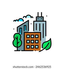 Sustainable city. Skyline, trees, green leaf. Modern ecology friendly urban design. Pixel perfect, editable stroke icon