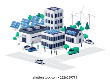 Sustainable city street road with residential downtown buildings and renewable solar wind power generation. Electric car charging near family house, work offices and business center on public station.