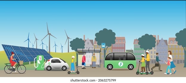 A sustainable city view with renewable energy from sun and wind. Electric bikes and scooters. Electric cars and a charging station, Electrified public bus. 