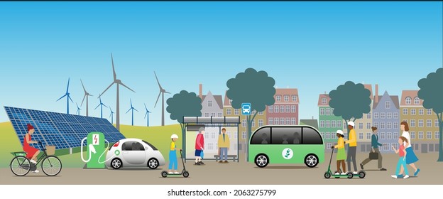 Eine nachhaltige Stadtsicht mit erneuerbarer Energie aus Sonne und Wind. Elektrische Fahrräder und Motorroller. Elektrische Autos und eine Ladestation, öffentlicher Bus. 