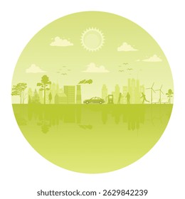 A sustainable cityscape with clean energy sources, environmentally conscious designs, and harmonious living integrating nature and technology. Renewable Energy Concept.