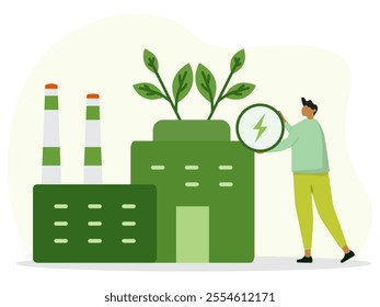 Sustainable clean industrial factory, renewable energy sources and green electricity. Eco friendly enterprise, protection of the environment and ecology. 
