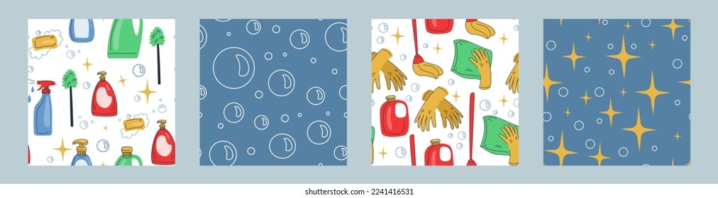 Nachhaltige Reinigung. Säuberungsmuster Detergenzienflaschen. Kunststoffbürste. Handschuhe und Hopfen. Umwelt recycelt Lebensstil. Haushaltsgeräte. Schaumblasen. Vektor, nahtlos, aufgeräumter Hintergrund