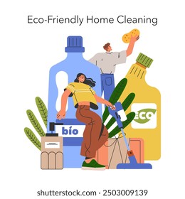 Concepto de limpieza sostenible. Dos personas que utilizan productos ecológicos para tareas de limpieza del hogar, promoviendo la vida verde. Ilustración vectorial.