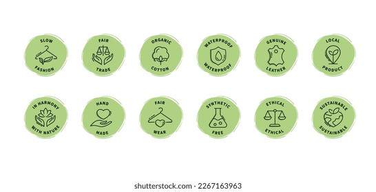 Sustainable clothes green badges with editable line icon set