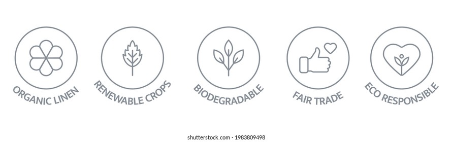 Sustainable clothes line icon set. Slow fashion badge. Organic cotton, natural dyes label. Eco viscose product logo. Fair trade. Conscious development. Ethical manufacturing. Vector illustration.