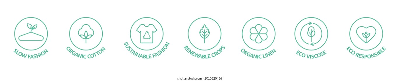 Sustainable clothes line icon set. Slow fashion logo. Eco viscose product label. Organic cotton, natural dyes, renewable crop badge. Conscious development. Fair trade. Vector illustration.