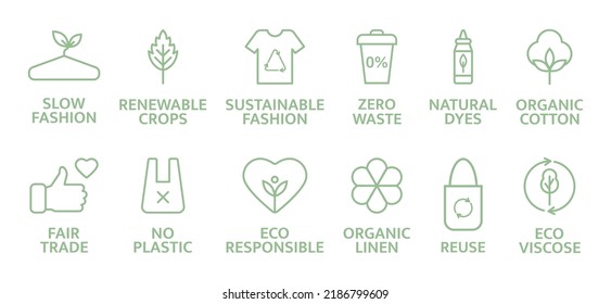 Sustainable clothes line icon set. Eco viscose product logo. Slow fashion badge. Organic cotton, natural dyes, renewable crop label. Fair trade. Conscious development. Zero waste. Vector illustration.