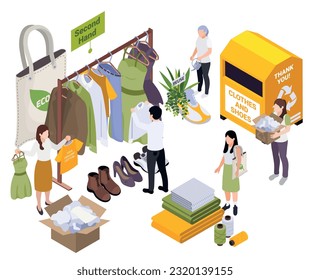 Sustainable clothes slow fashion isometric composition with isolated view of second hand market with used outfits vector illustration