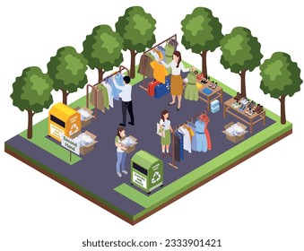 Sustainable clothes slow fashion isometric composition with outdoor scenery and people bringing taking second hand goods vector illustration