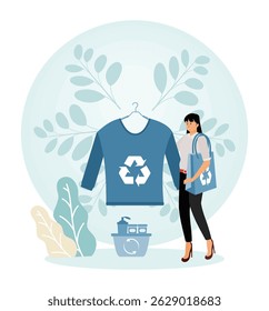 Sustainable Clothing and Eco Friendly Lifestyle. A woman advocating for sustainability, featuring recycled products and clothing with an eco friendly design amidst natural elements.
