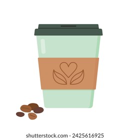 Sustainable coffee concept illustration. Eco friendly, reusable cup and coffee beans. Simple flat vector design.