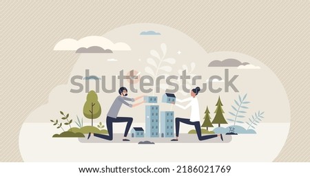 Sustainable communities and environmental house building tiny person concept. Home with nature friendly and clean resource consumption vector illustration. Using green materials for new real estate.