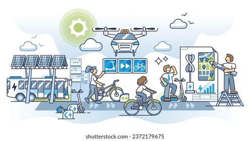 Sustainable commuting and green power public transport options outline concept. Ecological and nature friendly infrastructure to get to work and future of drive around urban city vector illustration.