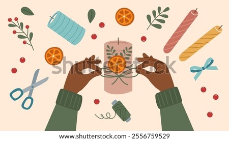 Sustainable concept banner. Hands making and decorating candles. Top view. Workshop concept. 
