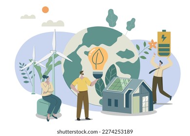 Concepto sustentable, la gente se preocupa por la ecología del planeta proteger la naturaleza y la ecología, bandera mundial del día de la tierra con tecnología para conservar el medio ambiente, 
Ilustración de diseño de vectores.