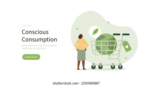 
Consumo sostenible. Personaje parado cerca del carro de la compra con el planeta tierra adentro y eligiendo comprar consciente. Concepto de comportamiento de consumo. Ilustración vectorial.