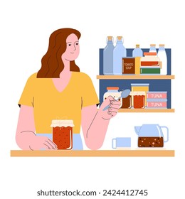 Sustainable cooking. Food preservation. Conscious meal waste reduction through home canning. Young woman storing homemade jam. Sustainable storage practice. Flat vector illustration.