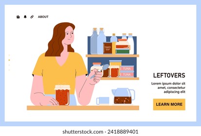 Sustainable cooking web or landing. Food preservation. Conscious meal waste reduction through home canning. Young woman storing homemade jam. Sustainable storage practice. Flat vector illustration.