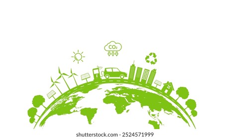 Desarrollo sostenible de la corporación, reducción de CO2 y concepto de emisiones netas cero de carbono, sociedad y gobernanza ambiental de ESG, Recargo de electricidad para automóviles, Ilustración vectorial