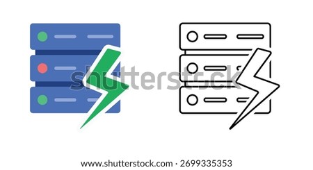 Sustainable data center icon showing a server stack with green energy bolt. Ideal for eco friendly hosting, renewable computing systems, and efficient digital storage themes.