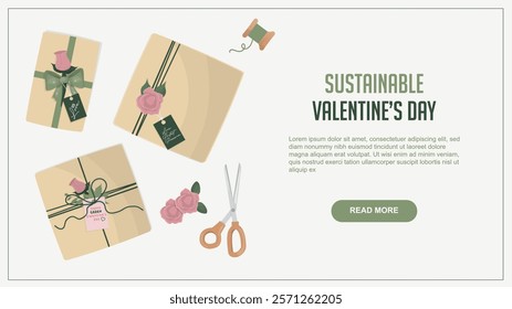 Sustainable Valentine’s Day Gift Wrapping. Eco-friendly Valentine's gift wrapping with recyclable materials, pink roses, green ribbons, scissors, and a sustainable design. Vector illustration