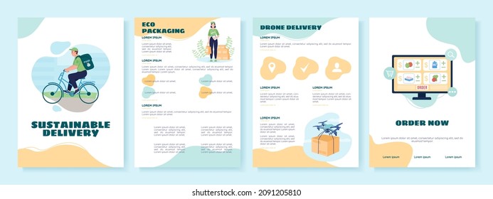 Sustainable delivery flat vector brochure template. Eco package. Flyer, booklet printable design with flat illustrations. Magazine page, reports with text space. Sniglet, Comfortaa fonts used