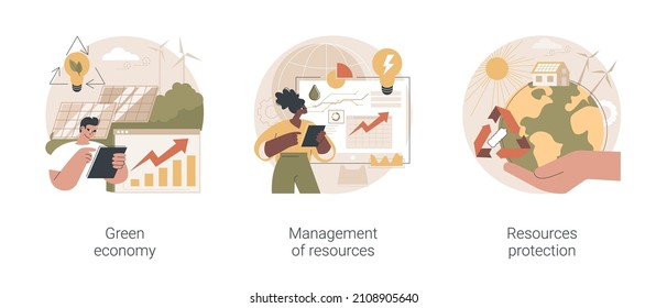 Sustainable development abstract concept vector illustration set. Green economy, management of resources, natural resources protection and land conservation, renewable energy abstract metaphor.