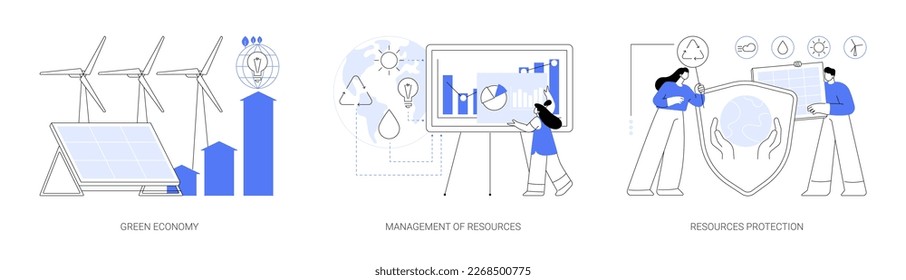 Sustainable development abstract concept vector illustration set. Green economy, management of resources, natural resources protection and land conservation, renewable energy abstract metaphor.