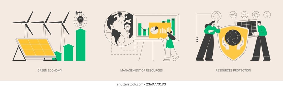 Conjunto de ilustraciones vectoriales de concepto abstracto de desarrollo sostenible. Economía ecológica, gestión de los recursos, protección de los recursos naturales y conservación de la tierra, metáfora abstracta de la energía renovable.