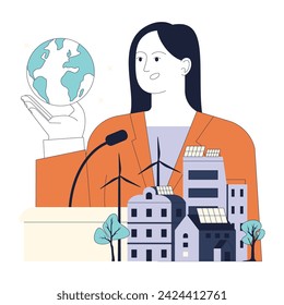 Sustainable development advocacy. Politician promoting climate action and renewable energy initiatives. Female speaker on climate summit. Flat vector illustration.