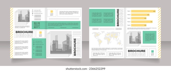 Sustainable development bifold brochure template design. Revenue statistics. Flyers with qr code. Half fold booklet mockup set with copy space for text. Editable 2 paper page leaflets. Arial font used