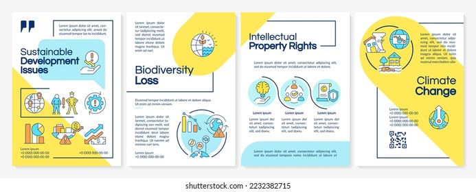 El desarrollo sostenible desafía la plantilla de folletos azul y amarillo. Diseño del prospecto con iconos lineales. Editable 4 diseños vectoriales para presentación, informes anuales. Fuentes questriales, Lato-regulares usadas