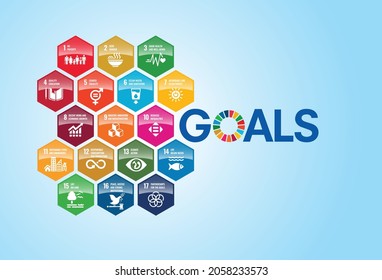 Sustainable Development Colorful hexagonal glossy blocks isolated on white background. Concept for Corporate social responsibility project. Goals for a better world. pattern.