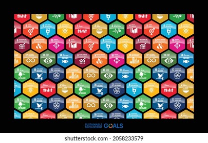 Sustainable Development Colorful hexagonal glossy blocks isolated on white background. Concept for Corporate social responsibility project. Goals for a better world. pattern.