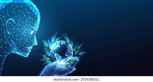 Sustainable development concept with AI robotic head holding Earth with green leaves on dark blue background. Eco-friendly technology, green innovation. Low polygonal abstract vector illustration.